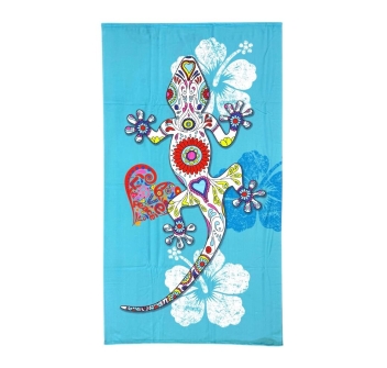 Telo Mare Stampato Geko Decorato Azzurro Asciugamano Velour 100% Poliestere 100x180cm 