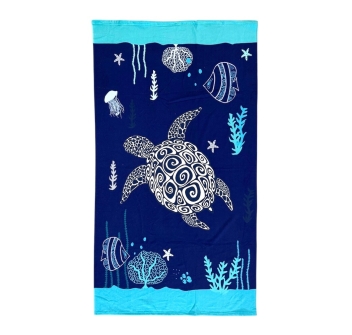 Telo Mare Stampato Sea ​​Turtle Blu Asciugamano Velour 100% Poliestere 100x180cm 
