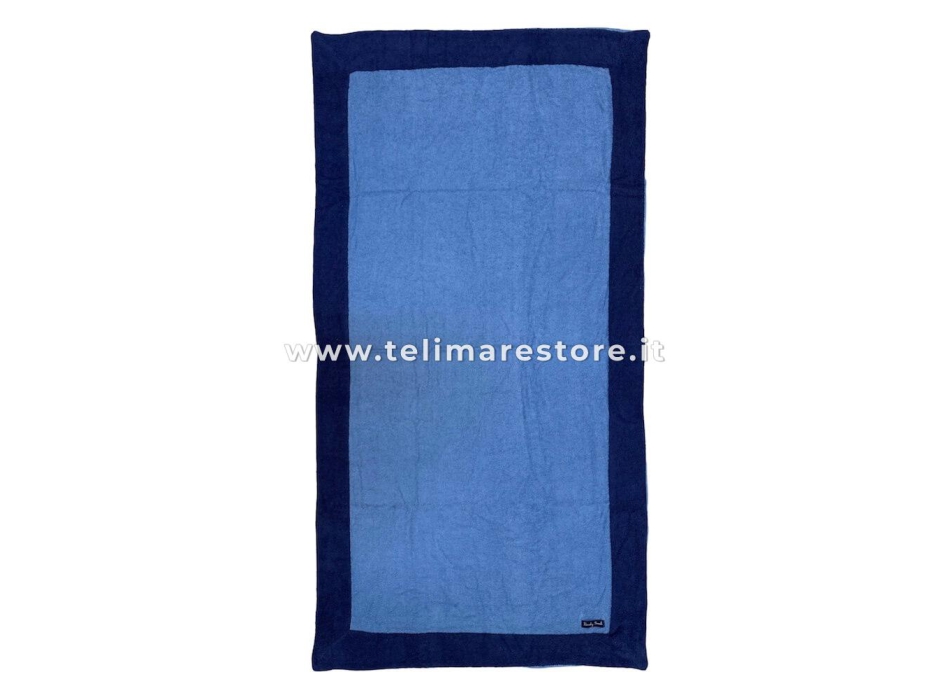 Telo Mare Tinta Unita Celeste Bordo Blu MicroSpugna 100% Cotone Asciugamano Spiaggia